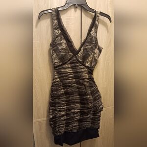 Chic Black and Tan Ruched Mini Dress